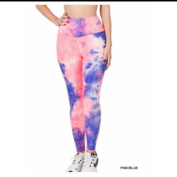 TIE-DYE HONEYCOMB LEGGINGS PINK & BLUE-NEW - Picture 3 of 4